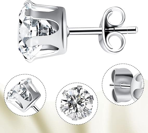 6-par örhängen i rostfritt stål med CZ-stenar, silver diamantstil, unisex.