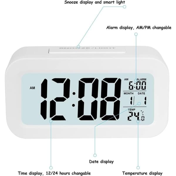Digital väckarklocka. Batteridriven digital klocka. Tyst väckarklocka för barn och vuxna. Stor LED-display. Temperaturkalender (vit).