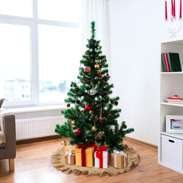 Julgransmatta i linne, veckad julgransmatta, trädbasöverdrag med volang, rustika höstdekorationer för vinterfest (80 cm)