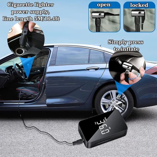 Bärbar luftkompressor. Mini elektrisk uppblåsare. Elektrisk cykelpump. Kompressor med digital display, LED-ljus och USB-C-port