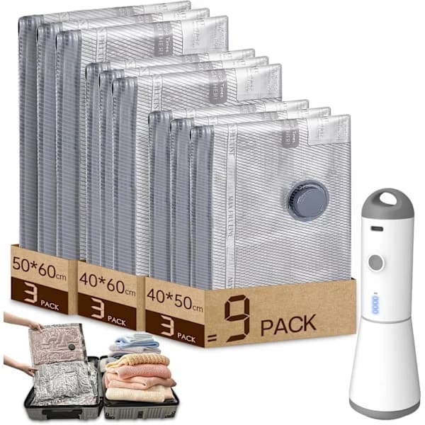 Vakuumförvaringspåsar för kläder, med sladdlös elektrisk pump, 9-pack, återanvändbara.