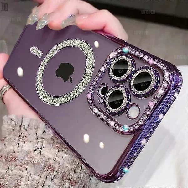 Lyxigt kristall diamant klart telefonfodral för iPhone 12, bländande och gnistrande, stöder MagSafe magnetisk trådlös laddning, lila.
