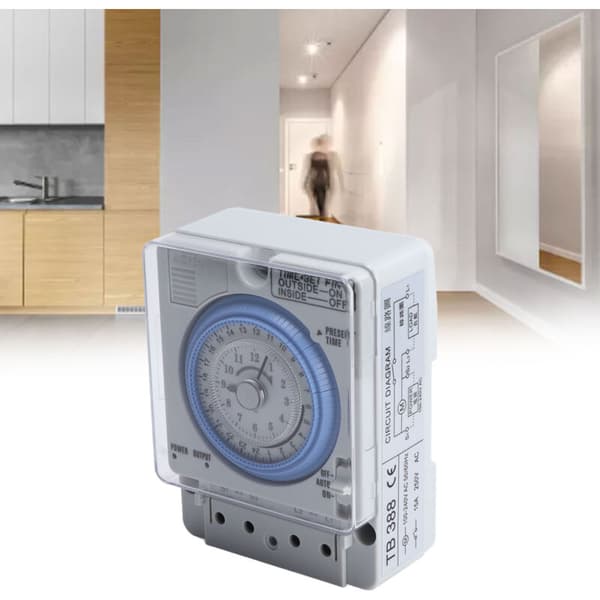 24-timmars analog klocka på DIN-skena – 16A mekanisk timer – 15-minuters programmering – 100-240V AC strömförsörjning – 3500W maxbelastning