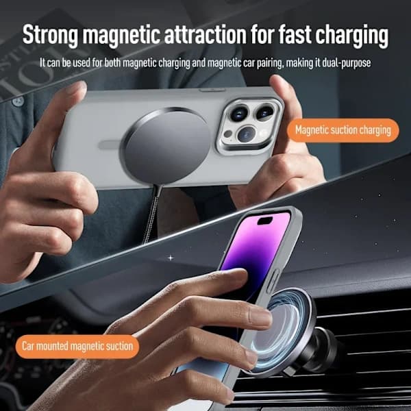 Snyggt magnetiskt linshållarfodral för iPhone 13, kompatibelt med MagSafe trådlös laddare, stötsäkert skydd, grått.