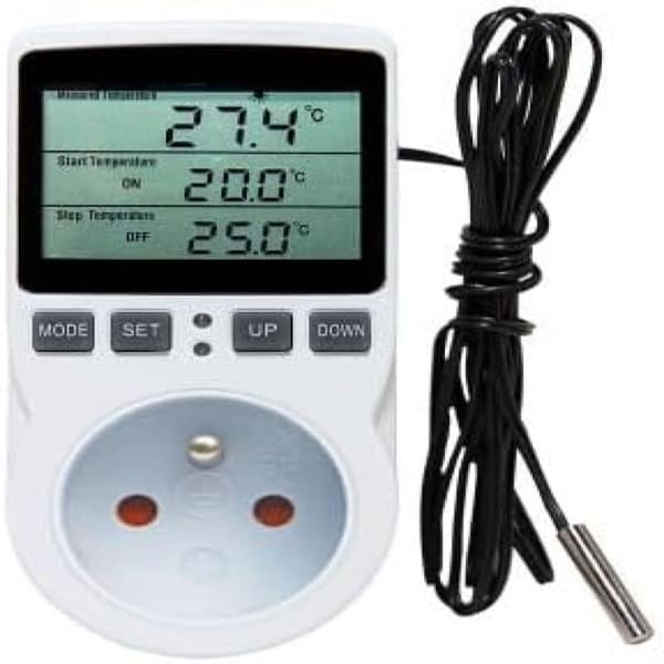 Termostatuttag. Temperaturregulator. Programmerbar digital timer med sond. Termostatuttag för växthus/akvarievärmare (1 st).