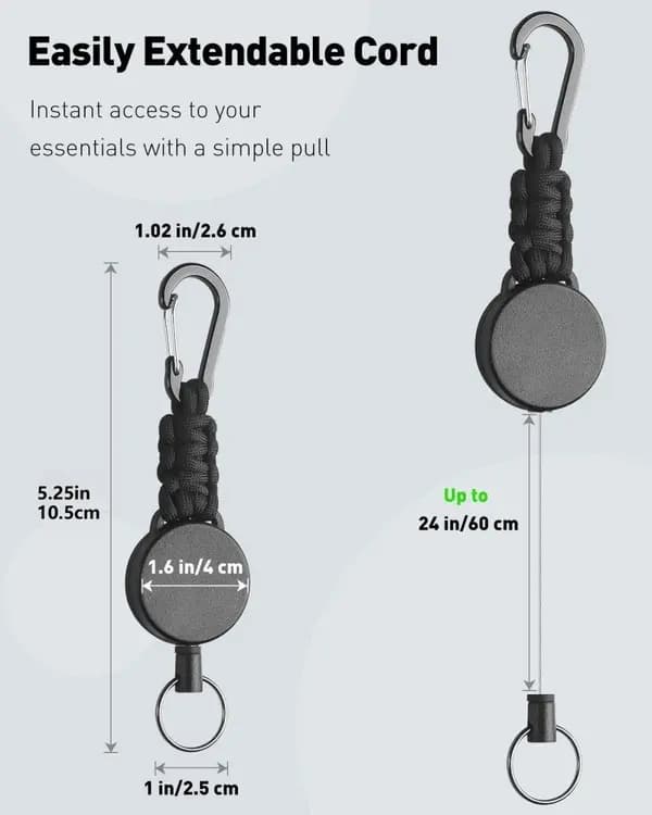 Kraftiga teleskopiska nyckelringar 3-pack – Karbinhakar och ID-rullar med 60 cm stålkabel B-3-pack