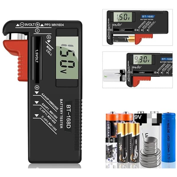 Digital batteritestare. Universell batteritestare. Batteritestare. För AA, AAA, CD, PP3, 9V, 1.5V och knappcellsbatterier - Fungerar utan batterier