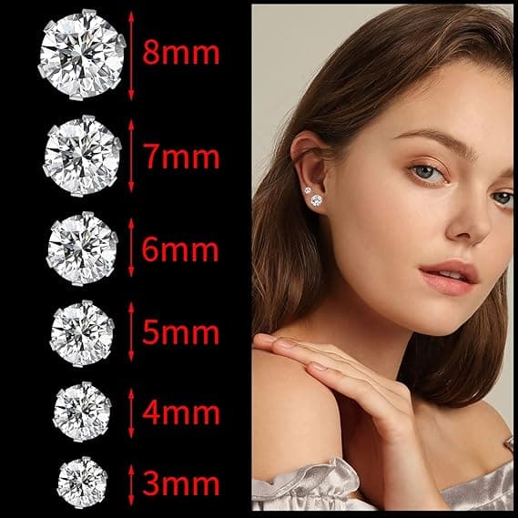 6-par örhängen i rostfritt stål med CZ-stenar, silver diamantstil, unisex.