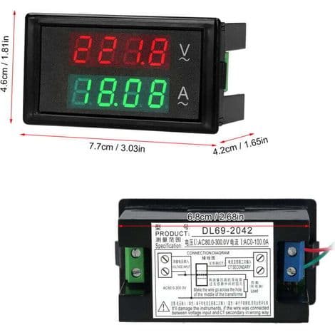 Digital Voltmeter-Amperemeter 80–300 V AC 100 A med dubbel grön/röd LED-display och strömtransformator
