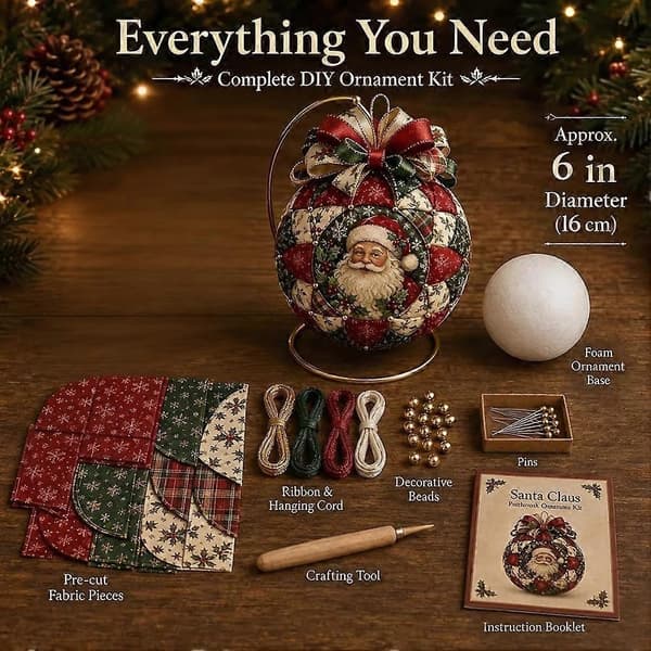 No-Sew Patchwork julgransprydnadskit, set för quiltad tygboll, DIY-dekoration för granen (stor)