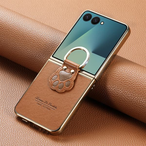 Kompatibel med Samsung ZFlip 7 mobilskal, söt katt tass ringhållare, vikbart skärmskydd - brun
