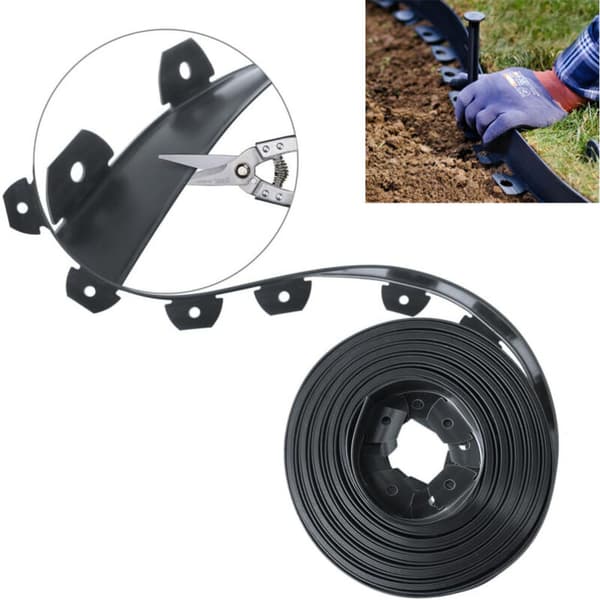 20m trädgårdskant i plast med 30 ankare. Rotspärr med robusta spikar. 50mm hög. Svart