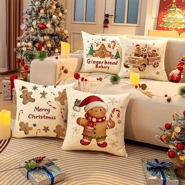 Julkuddfodral, 45x45 cm, 4-pack, pepparkaks- och polkagrisdesign, dekorativa soffkuddar, 45x45 cm
