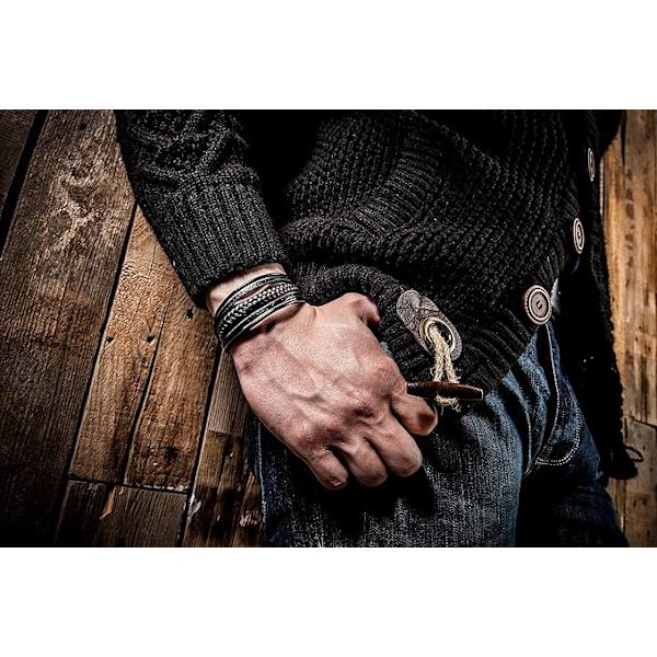 Flätat läderarmband för män (svart/brun), magnetlås, presentförpackning.