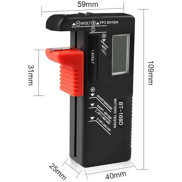 Digital batteritestare. Universell batteritestare. Batteritestare. För AA, AAA, CD, PP3, 9V, 1.5V och knappcellsbatterier - Fungerar utan batterier