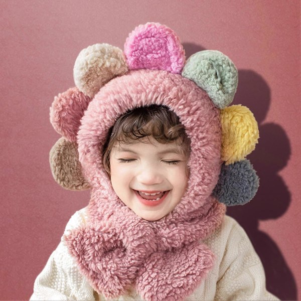 Mössa och halsduk integrerad barn höst och vinter baby flickor söt super söt koreansk version varm plus fleece stor blomma öronskyddsmössa