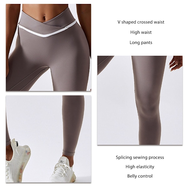 YJ Hög midja yogabyxor kvinnor sport stretch mage kontroll höftlyft tränings leggings för fitness löpning lila grå S