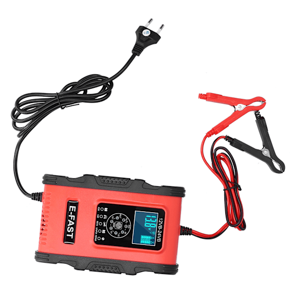 Smart batterioplader 12V/12A 24V/6A 7-trins Opladningspulsreparation til bil Motorcykelbåd Rød Sort EU-stik 100-240V