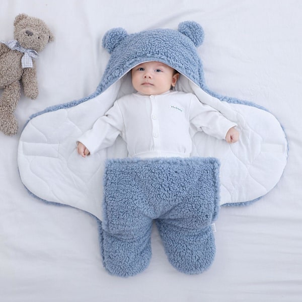 Svøpe baby sovepose, teddybjørnform, for babyer 0-3 måneder, mykt babyteppe, unisex, lett å vaske, blå
