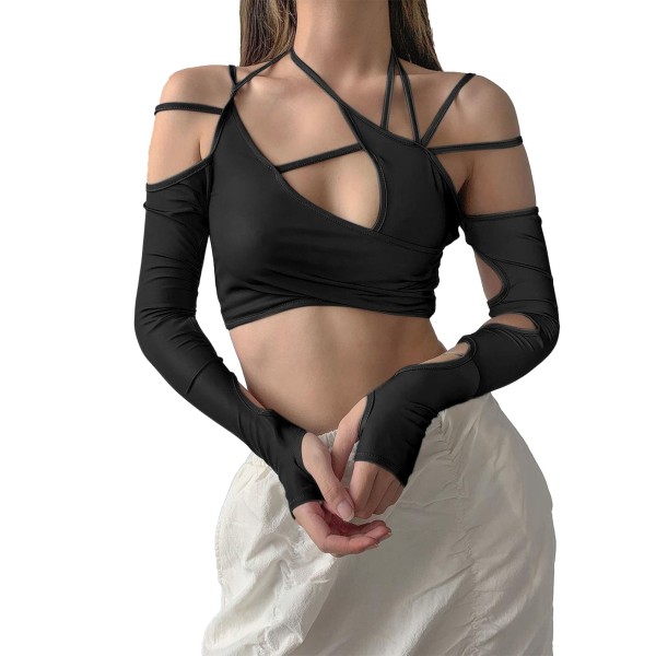 Women Tee Top Halter Neck Irregular Cut Out Long Sleeve Off Shoulder Pullover Shirt for Female Black S
