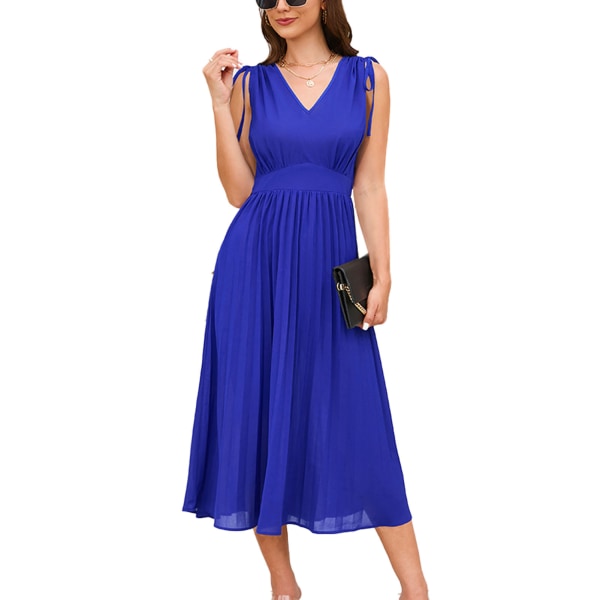 YJ V Neck Drawstring Tie Shoulder Dress Women Pure Color Sleeveless Waist Gathered Pleated A Line Dress Blue L