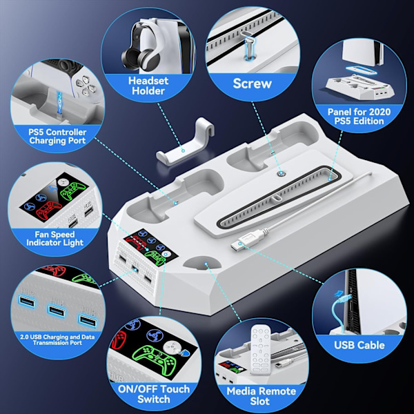 Universaali jäähdytysteline tuuletinpohja PS5/Slim/Pro -konsoleille - monitoiminen kaksi-yhdessä ohjain suoraan liitettävä latausasema