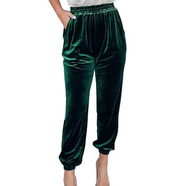 Women Tapered Cuff Pants Side Pockets Pure Color Straight Leg Casual Elastic Waist Cinched Cuff Pants Green M