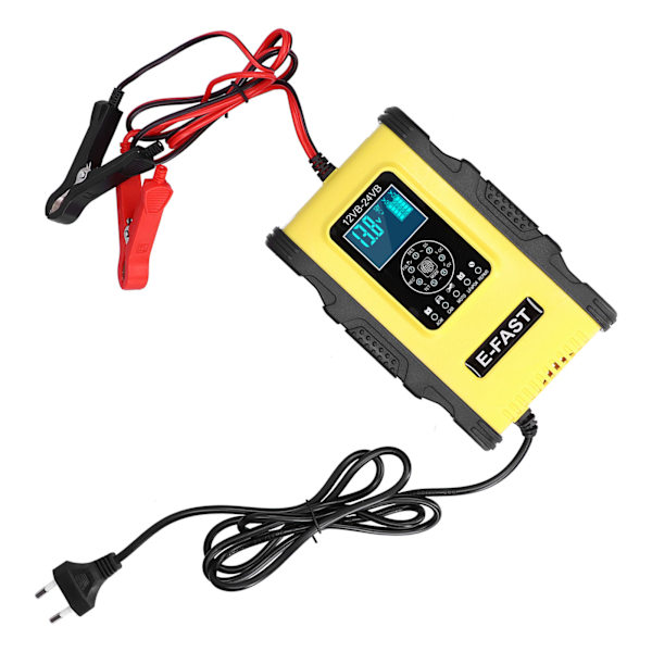 Intelligent batterioplader 12V/12A 24V/6A 7-trins opladningspulsreparation til bilbåd Gul Sort EU-stik 100-240V