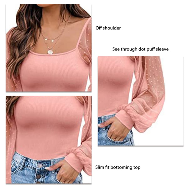 Kvinder Mesh Dot Lang Puff Ærme Top Fashionabel Casual Slim Fit Ren Farve Skjorte Bluse til Kontor Arbejde Pink L