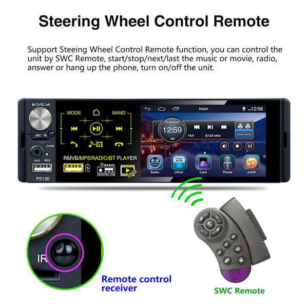 1 Din Bilradio HD Audio Stereo Multimedieafspiller Bluetooth MP5 Autoradio Touchskærm Digital Display USB SD FM