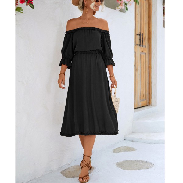 YJ Off Shoulder Ruffled Dress Pure Color Elegant Flowy Soft Fashion Casual Off Shoulder Dress for Women Black L