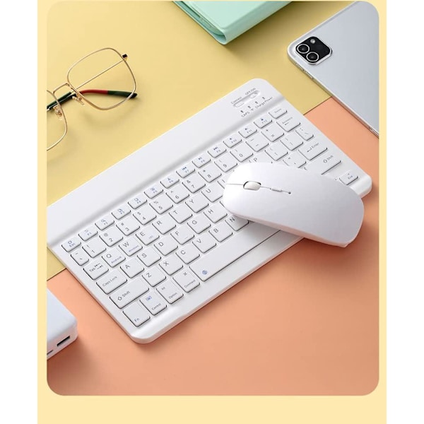 Bluetooth Trådlöst Tangentbord och Mus Combo, Ultratunn Ergonomisk Liten Uppladdningsbar Bluetooth Tangentbord Mus Set för Apple iPad iPhone white