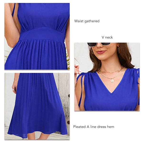 YJ V-hals snørebånd skulderkjole kvinder ren farve ærmeløs talje samlet plisseret A-linje kjole blå XXL