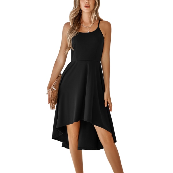 YJ High Low Hem Dress Spaghetti Strap Pure Color Casual Fit Fashionable Women Sleeveless Dress Black M