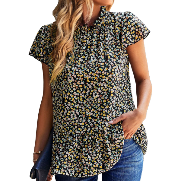 Short Sleeve Shirt Stringy Selvedge Stand Collar Ruffled Loose Hem Floral Print Casual Blouses Tops for Daily Black L