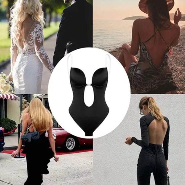 Bodysuit Shapewear til kvinder med dyb V-hals, rygløs, gennemsigtig skulderstrop, fitness-trikot, sort, L