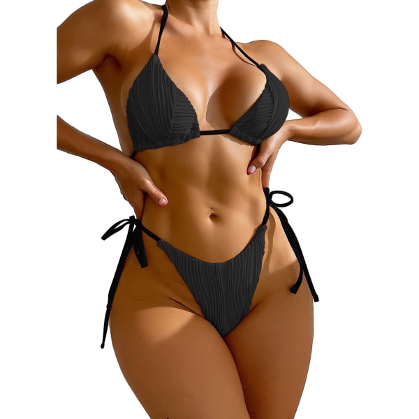 Kvinnors baddräkt 2 delar halterneck slipsida enfärgad baddräkt badkläder bikini svart M