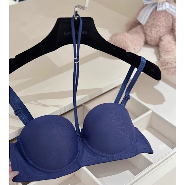 Släta underkläder för kvinnor, halv kupstorlek, halterneck-stil, rynkad, stor, lyft, vacker rygg, sidobröst, anti-häng bh (blå)