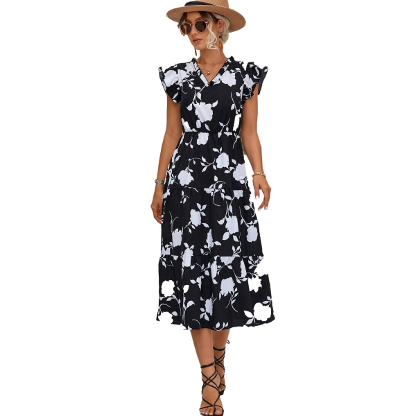 YJ Women Long Dress Short Cap Sleeve Frill Trim V Neck Ruffle Hem Floral Printed Elastic High Waist Summer Dress Black S