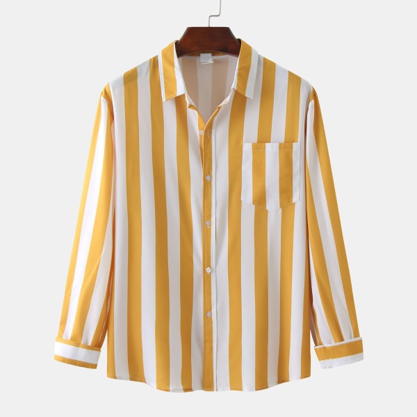 YJ Miesten raidallinen paita pitkähihainen kääntökaulus löysä istuvuus Botton alas pusero päivittäiseen käyttöön Työ Keltainen S