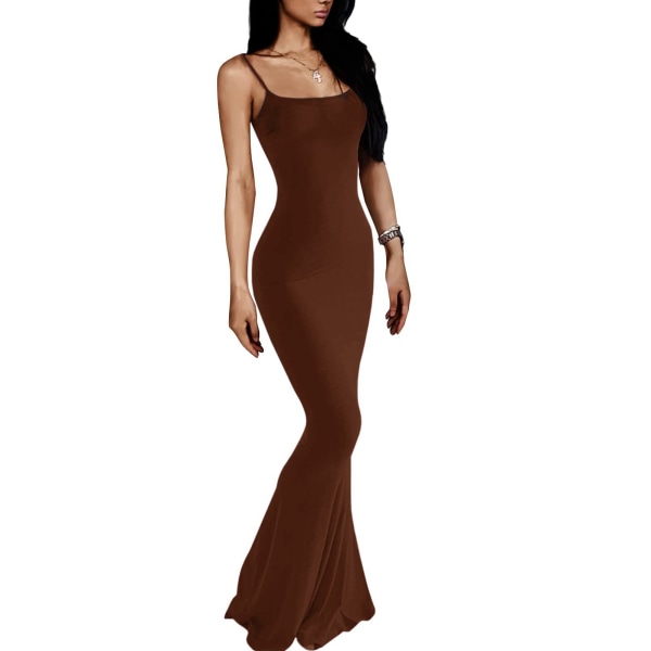 YJ Women Lounge Spaghetti Strap Maxi Dress Elegant Pure Color Sleeveless Bodycon Dress for Beach Party Brown S