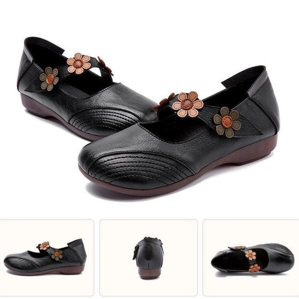 YJ Dam Läder Skor Retro Stil Bekväm Kurva Stabil Klack Bred Tåhätta Dam Slip On för Hem Utomhus Kontor Svart 37 EU Storlek