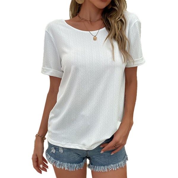 YJ Women T Shirt V Back Crew Neck Short Sleeve Pure Color Casual Loose Summer Pullover Top White S