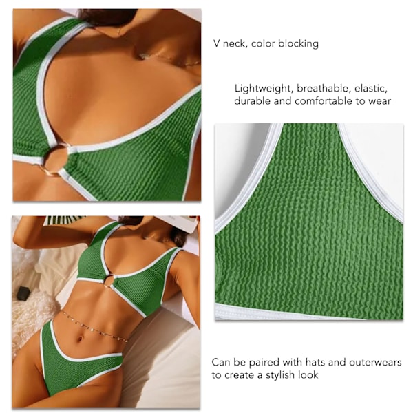 Bikinisett for kvinner, pustende, elastisk V-hals, fargeblokkerende todelt bikini, badedraktsett, grønn, L