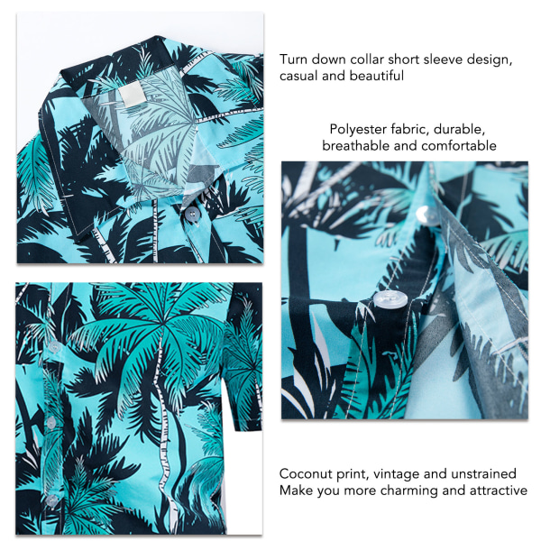 Herr kortärmad skjorta Hawaiian Coconut tryckt tropisk strand knapp fram vintage nedfälld krage skjorta Cyan M