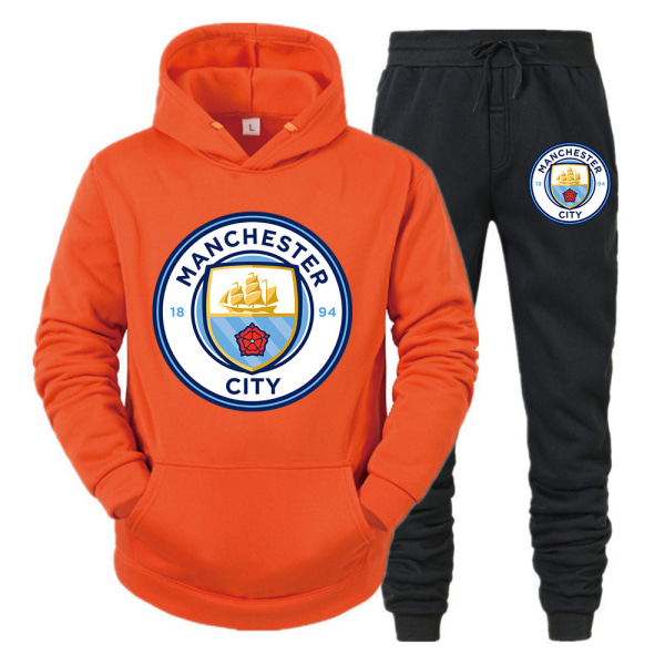 Manchester City huvtröja nytt lagtryck för män fritids sweatshirt träningsbyxor i två delar plus fleecejacka orange röd M