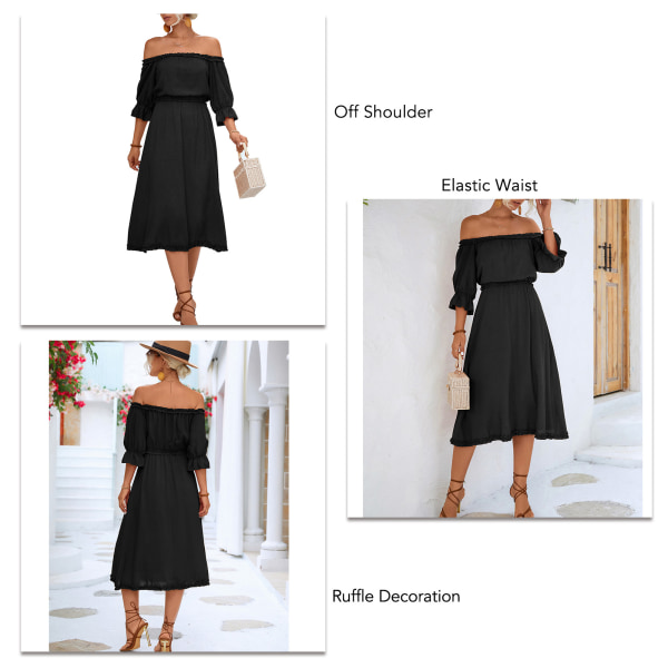 YJ Off Shoulder Ruffled Dress Pure Color Elegant Flowy Soft Fashion Casual Off Shoulder Dress for Women Black S