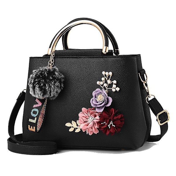 Dameveske Ny 2025 Mote Dame Blomster Skulderveske Messenger Bag Europeisk og Amerikansk Trendy Håndveske (Svart)