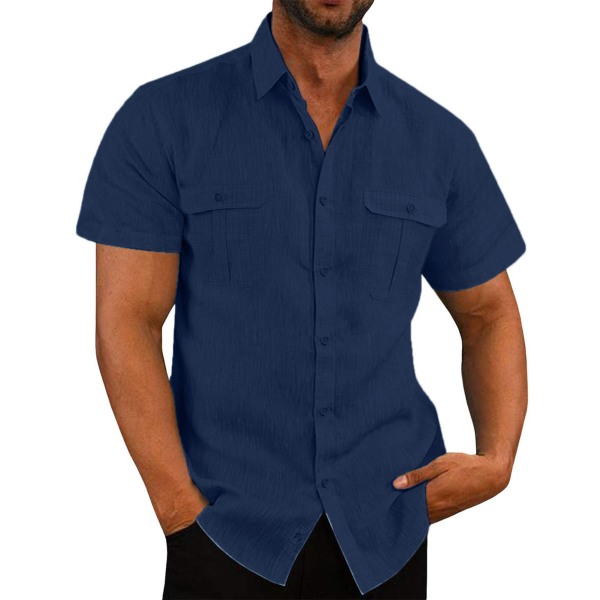 YJ Men Button Down Shirt Short Sleeve Double Pocket Pure Color Breathable Men's Casual Shirt for Daily Work Party Dark Blue XXXL