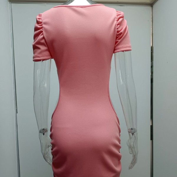 YJ Kvinnors korta klänning midja utskurna remmar länk korta ärmar höft omslag snygg kort klänning rosa XXL